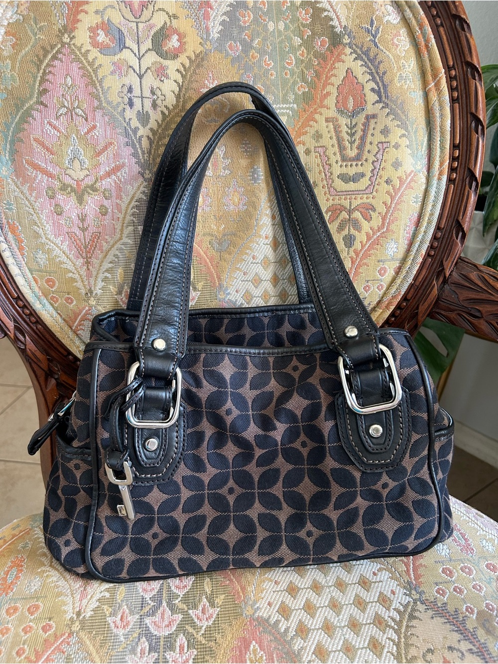Y2K Vintage Fossil Classic Black and Brown Patterned Women's Handbag